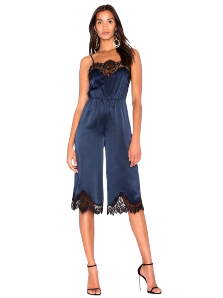 Alice + Olivia Navy & Black Silk Jumpsuit With Lace Trim